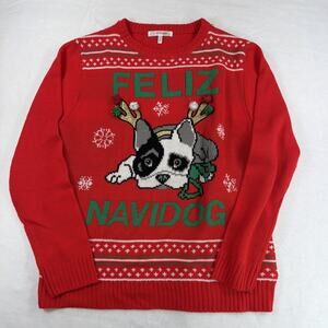 Belle Du Jour Christmas Sweater XL Red Feliz Navidog Frenchie Reindeer Antlers